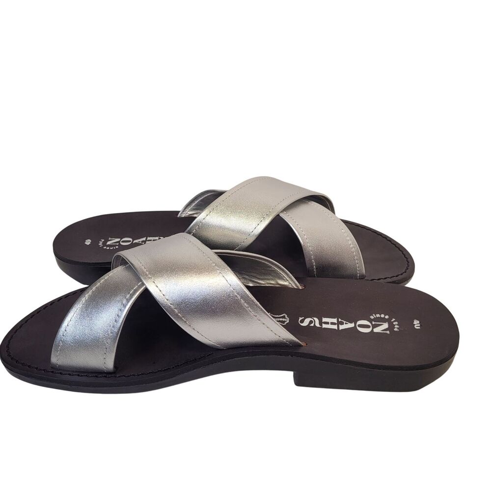 Women Casual Silver Leather Cross Strap Flats Slide Retro Sandals Size 9 - Picture 4 of 9